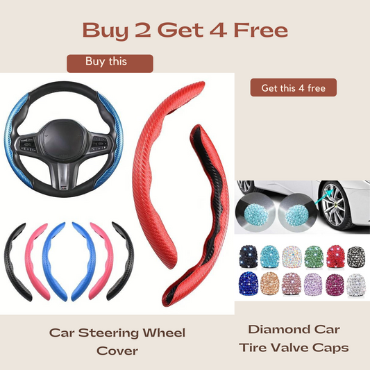 2Pcs Carbon Fiber Universal Car Steering Wheel Cover with FREE 4pcs Diamond Car Tire Valve Caps