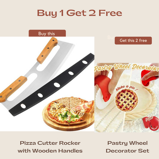 Pizza Cutter Rocker with Wooden Handles with FREE Pastry Wheel Decorator Set