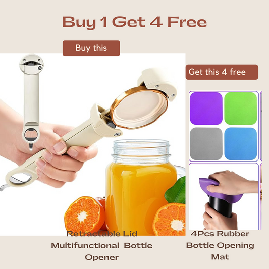 Retractable Lid Multifunctional Bottle Opener with FREE 4Pcs Rubber Bottle Opening Mat