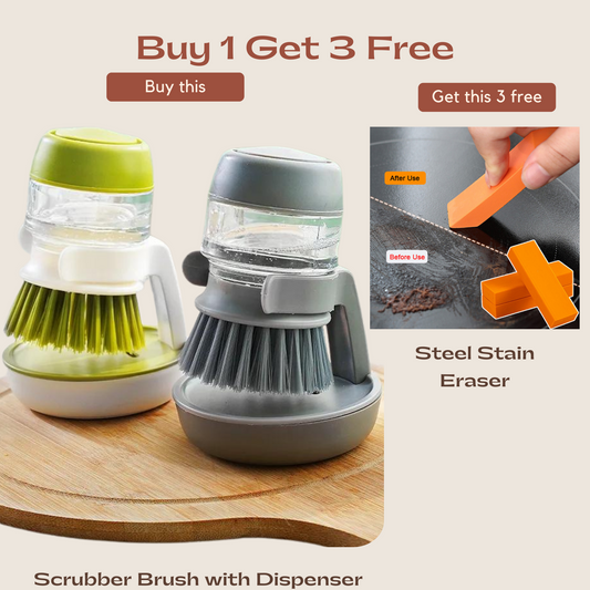 Kitchen Scrubber Brush and Soap Dispenser with FREE 3PCS Steel Stain Remover