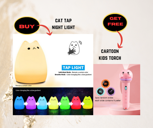 Cat Silicone LED Tap Night Lamp with FREE Cartoon Kids Torch