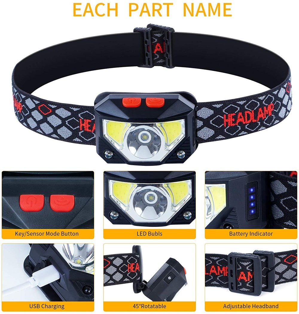 8 Modes Motion Sensor LED Headlamp Flashlight USB Rechargeable Waterproof Camping Head lamp Running Fishing headlight