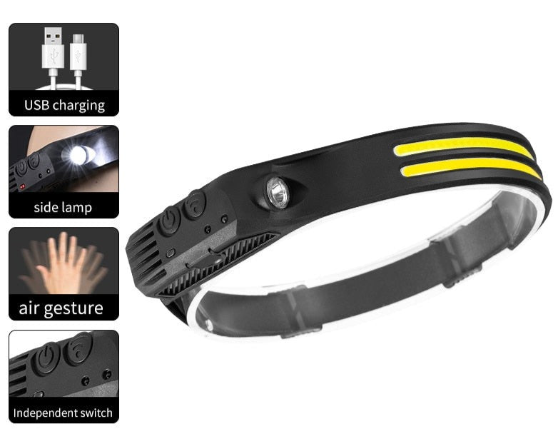 Induction Headlamp COB LED Head Lamp with Built-in Battery Flashlight USB Rechargeable Head Lamp 5 Lighting Modes Head Light